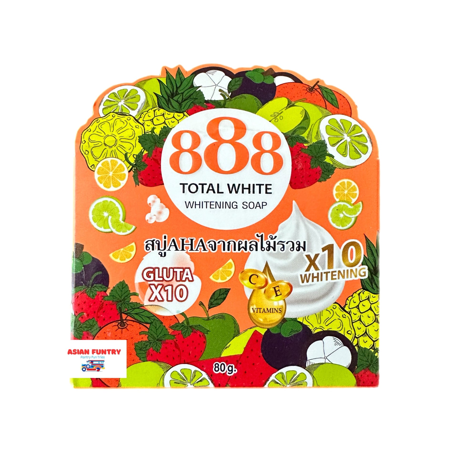 This 80 gms 888 Total White Whitening Soap uses the power of Gluta X10 combined with Vitamin C and E to effectively whiten skin. Its fruit extract formula is gentle on the skin, providing safe and natural whitening results. Try it now for noticeably brighter and healthier looking skin.