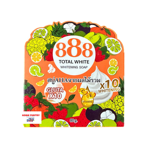 This 80 gms 888 Total White Whitening Soap uses the power of Gluta X10 combined with Vitamin C and E to effectively whiten skin. Its fruit extract formula is gentle on the skin, providing safe and natural whitening results. Try it now for noticeably brighter and healthier looking skin.