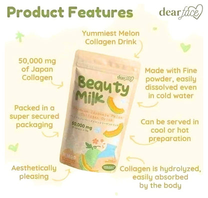 A delicious milky melon drink packed with hydrolyzed marine collagen to help boost your radiant beauty from the inside out. Formulated with reduced L-Glutathione, Ceramide, Vitamin C, Hyaluronic acid, and probiotic to support healthy skin, hair, nails, joints, and muscles.

Enjoy a guilt-free, healthy treat for your body in every sip.