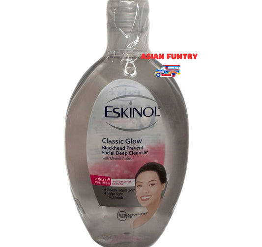 Keep your skin glowing with Eskinol Classic Glow Blackhead Prevent with Mineral Grains. Our anti-bacterial formula helps prevent blackheads and leaves your skin feeling clean and refreshed. Say goodbye to pesky blackheads and hello to a clear, radiant complexion.
