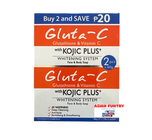 Gluta-C Soap with Kojic Plus combines deep cleansing action with potent anti-acne properties to help purify and revitalize your skin. Formulated to smooth and brighten, this soap supports a clearer, healthier complexion by targeting impurities and promoting skin renewal. Ideal for daily use, it helps maintain balanced, refreshed skin while reducing acne breakouts. Each pack contains two 60g bars, providing effective skincare in a convenient size.
