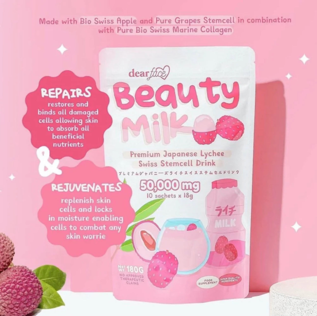 Dear Face Beauty Milk Premium Japanese Lychee Swiss Stemcell drink (10 sachets X18g)