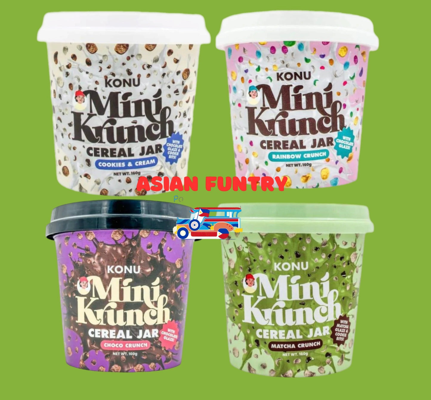 Satisfy your cravings anytime, anywhere with Konu Mini Krunch Cereal Jar Cookies&amp;Cream. This 160g jar contains a delicious mixture of chocolate glaze, cookie bits, and crisp cereal - perfect for a quick and tasty on-the-go snack or a convenient breakfast option. Enjoy the rich flavors and crunch in every bite.