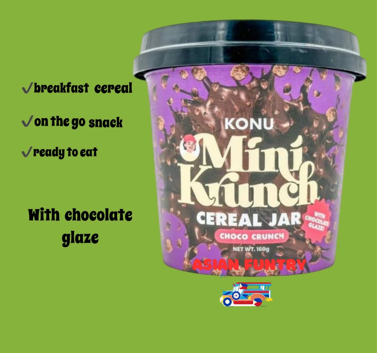 Satisfy your cravings anytime, anywhere with Konu Mini Krunch Cereal Jar Choco crunch. This 160g jar contains a delicious glaze of chocolate sauce that's not too sweet, and crisp cereal - perfect for a quick and tasty on-the-go snack or a convenient breakfast option. Enjoy the rich flavors and crunch in every bite.