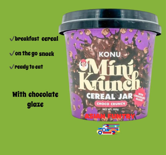 Satisfy your cravings anytime, anywhere with Konu Mini Krunch Cereal Jar Choco crunch. This 160g jar contains a delicious glaze of chocolate sauce that's not too sweet, and crisp cereal - perfect for a quick and tasty on-the-go snack or a convenient breakfast option. Enjoy the rich flavors and crunch in every bite.