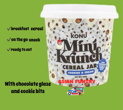 Satisfy your cravings anytime, anywhere with Konu Mini Krunch Cereal Jar Cookies&amp;Cream. This 160g jar contains a delicious mixture of chocolate glaze, cookie bits, and crisp cereal - perfect for a quick and tasty on-the-go snack or a convenient breakfast option. Enjoy the rich flavors and crunch in every bite.