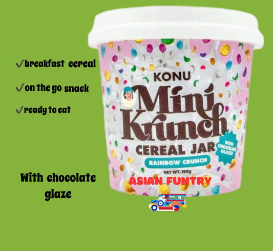 Level up your cereal experience with Mini krunch Cereal Jar! Mini choco crunch cereal that's fun and enjoyable to snack on, glazed with chocolate sauce that's not too sweet! Just the right level of smooth chocolatey goodness with the perfect crunch! Yummy cereal made into an on-the-go snack. Enjoy it anytime, anywhere!&nbsp;