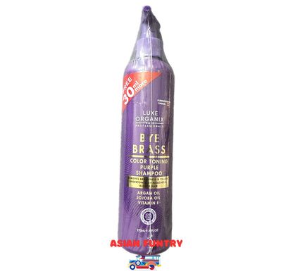 Transform your bleached or blonde hair with Luxe Organix Bye Brass Color Toning Purple Shampoo. With Argan oil, Jojoba oil and Vitamin E. Say goodbye to brassiness and yellow undertones with this scientifically formulated shampoo, specifically designed to remove those unwanted hues. Reclaim your vibrant, salon-worthy locks with this 270 ml bottle.