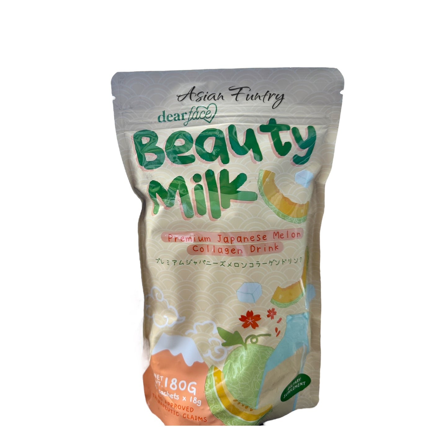 A delicious milky melon drink packed with hydrolyzed marine collagen to help boost your radiant beauty from the inside out. Formulated with reduced L-Glutathione, Ceramide, Vitamin C, Hyaluronic acid, and probiotic to support healthy skin, hair, nails, joints, and muscles.  Enjoy a guilt-free, healthy treat for your body in every sip.