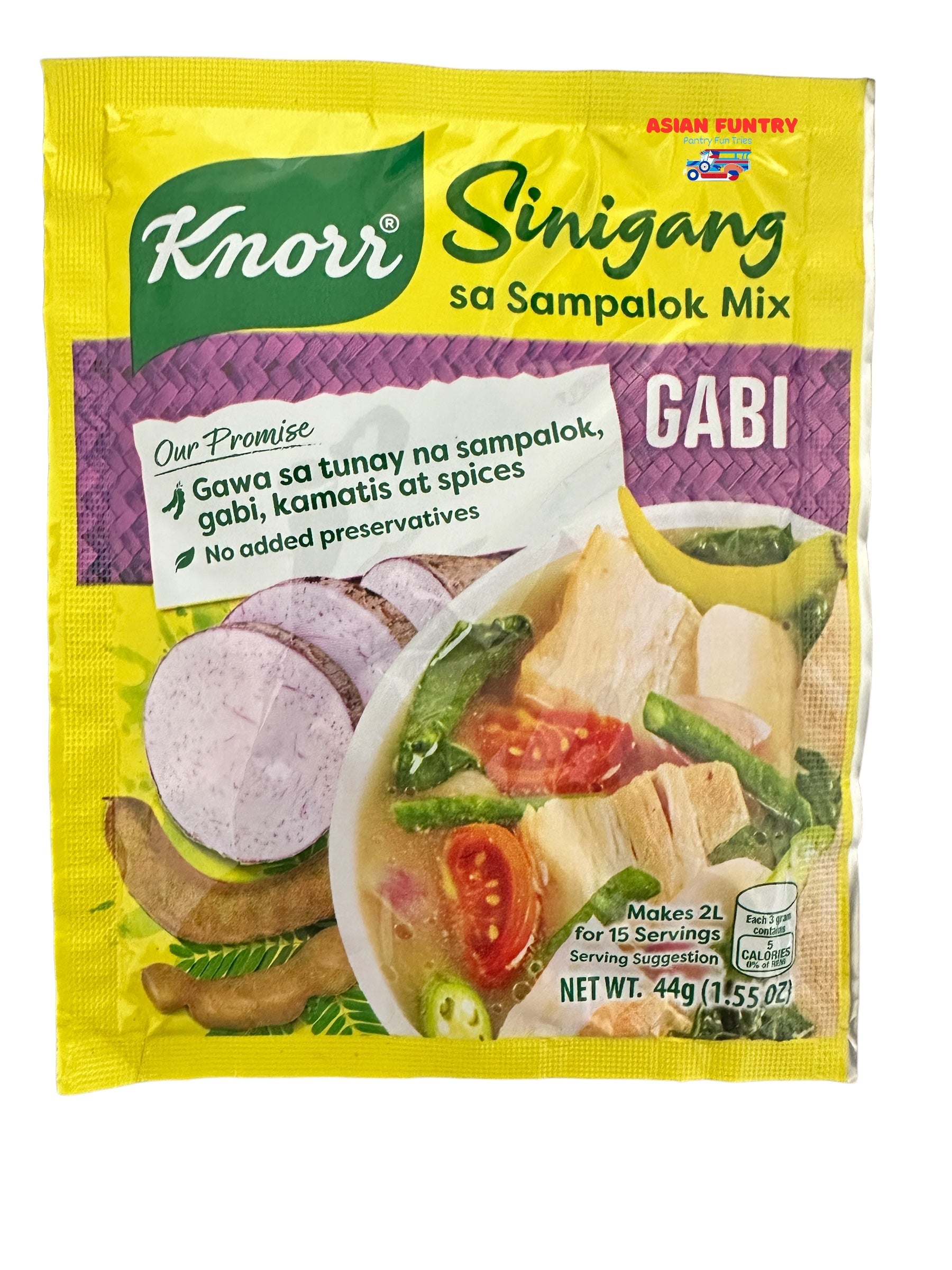 Made with all-natural sampalok powder and no added preservatives, Knorr Sinigang sa Sampalok Mix with real Gabi brings the authentic flavors of the well-loved Filipino dish, sinigang. Enjoy the unique blend of tangy and savory flavors in every sip, without any artificial ingredients. Elevate your cooking and indulge in a delicious, preservative-free meal with Knorr Sinigang sa Sampalok Mix Gabi.